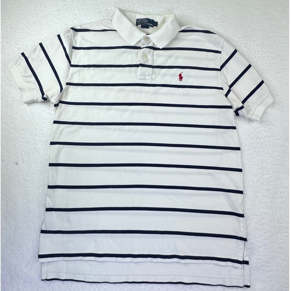 Polo Ralph Lauren Polo Shirt Mens L White/Blue Striped Cotton Pony Pique Golf